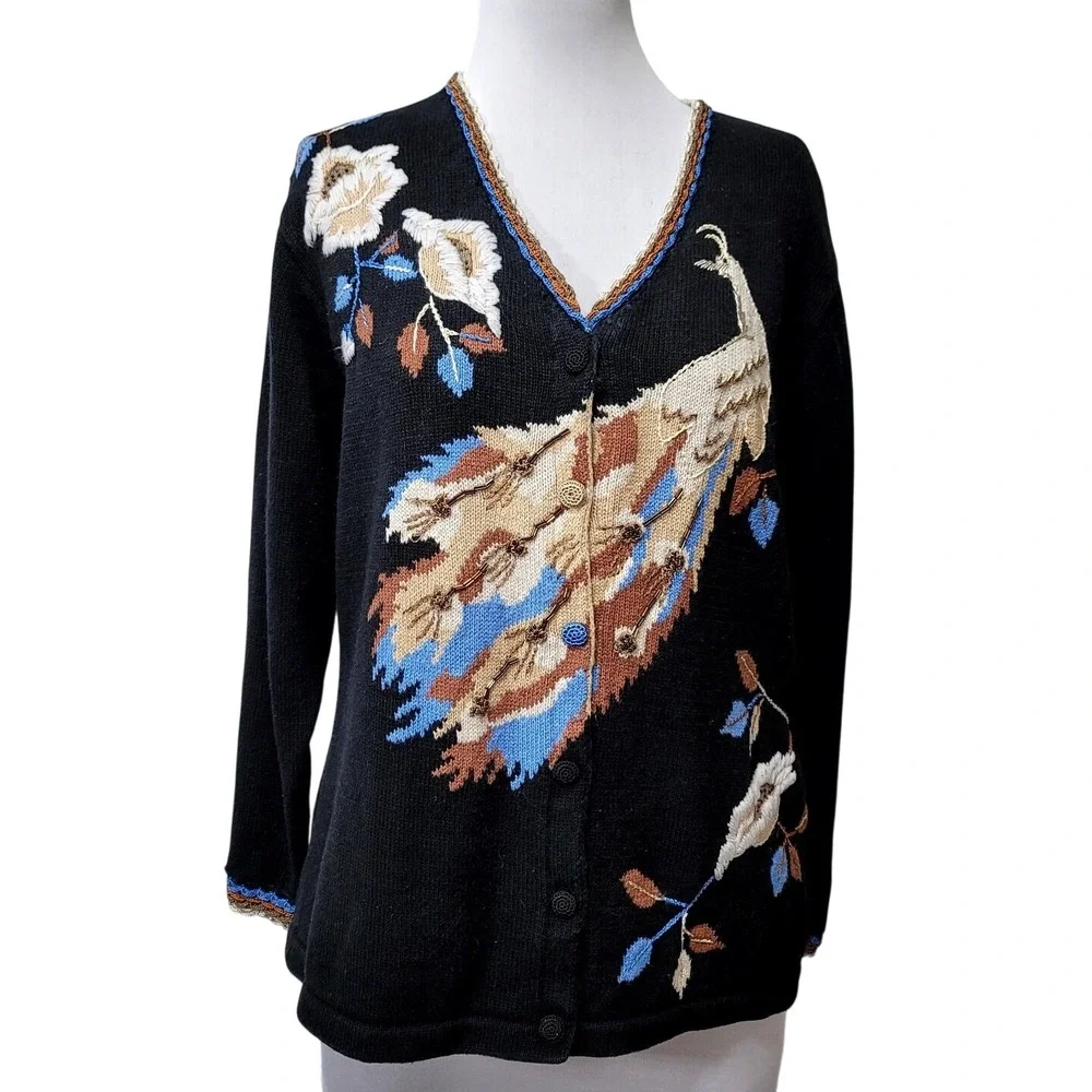 Storybook Knits Black‎ Embroidered Peacock Beaded Cardigan Sweater Womens 1X